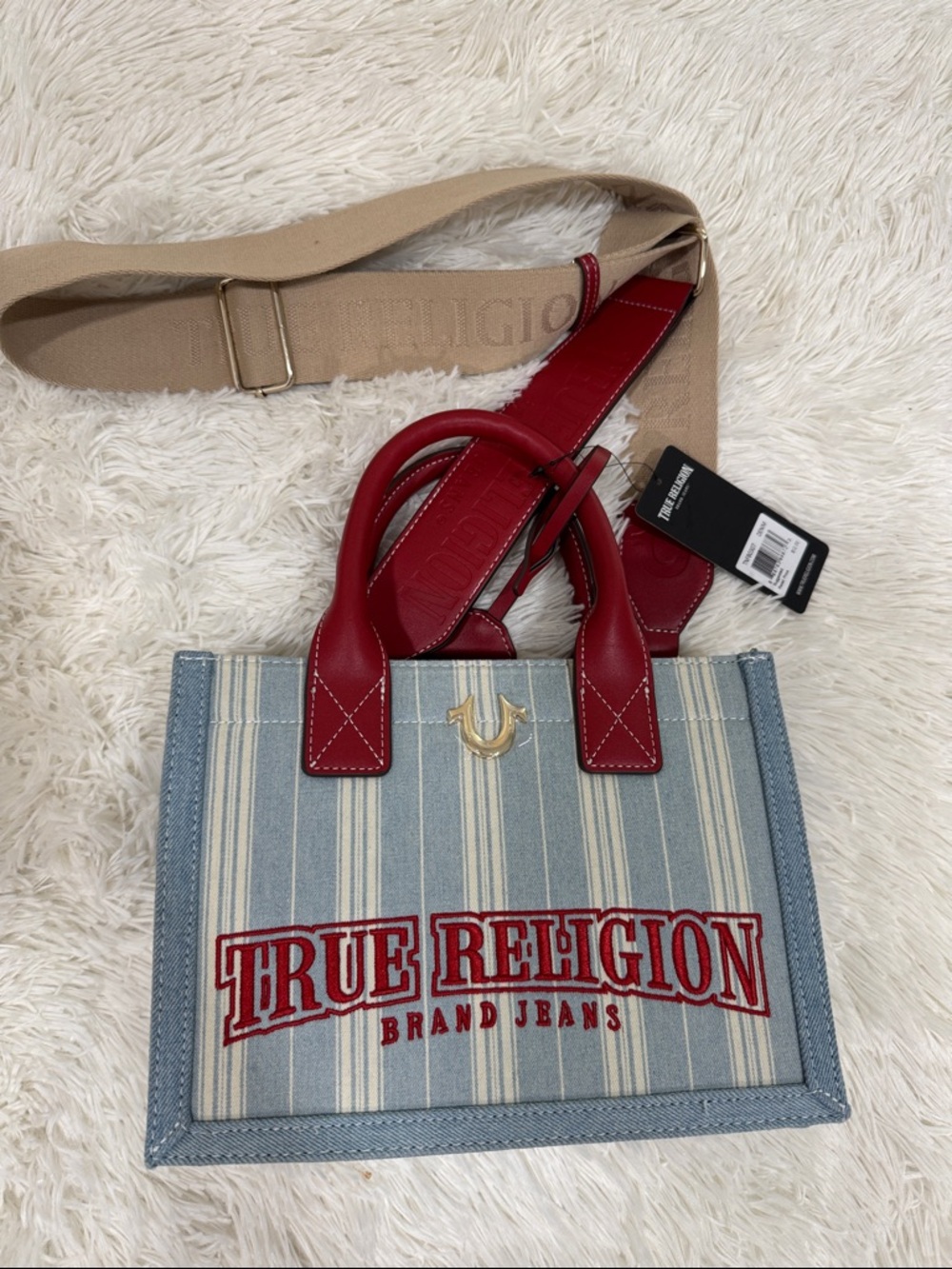True Religion Blue and Cream Striped Canvas Tote with Red Trim
